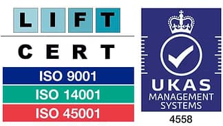 Lift Cert ISO 9001, ISO 14001 and ISO 45001 certification marks, with UKAS management systems mark 4558